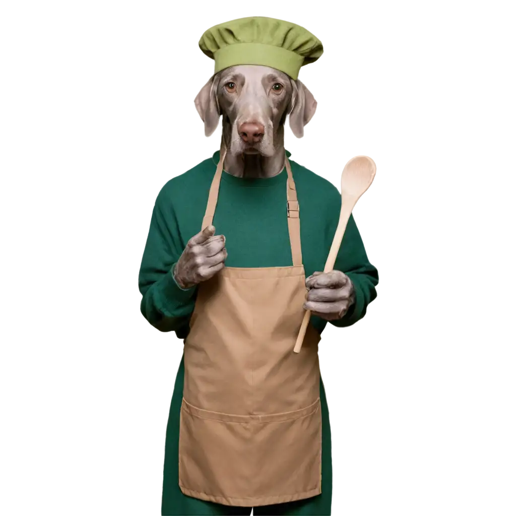 Older Weimaraner wearing an apron, wool green hat holding a wooden bowl and wooden spoon. In the other hand holding a candle