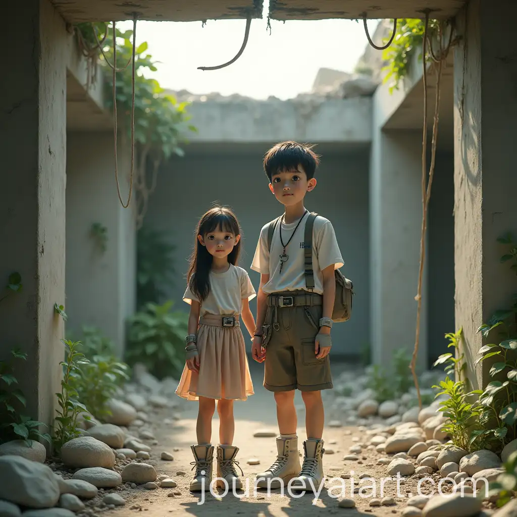 Futuristic-Couple-in-PostApocalyptic-Sanctuary-with-Greenery-and-Ruins
