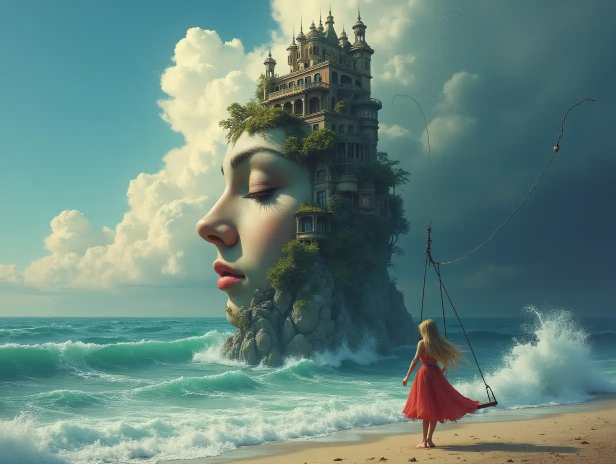 Face transforms into a tall building with a terrace, lantern and hanging swing with a fairy on the beach with large stormy waves and clouds