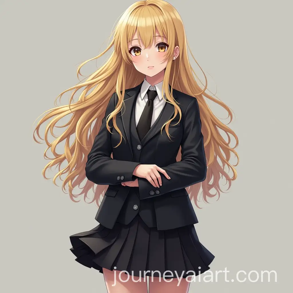 School-Girl-in-Black-Blazer-and-Pleated-Skirt-with-Blonde-Wavy-Hair