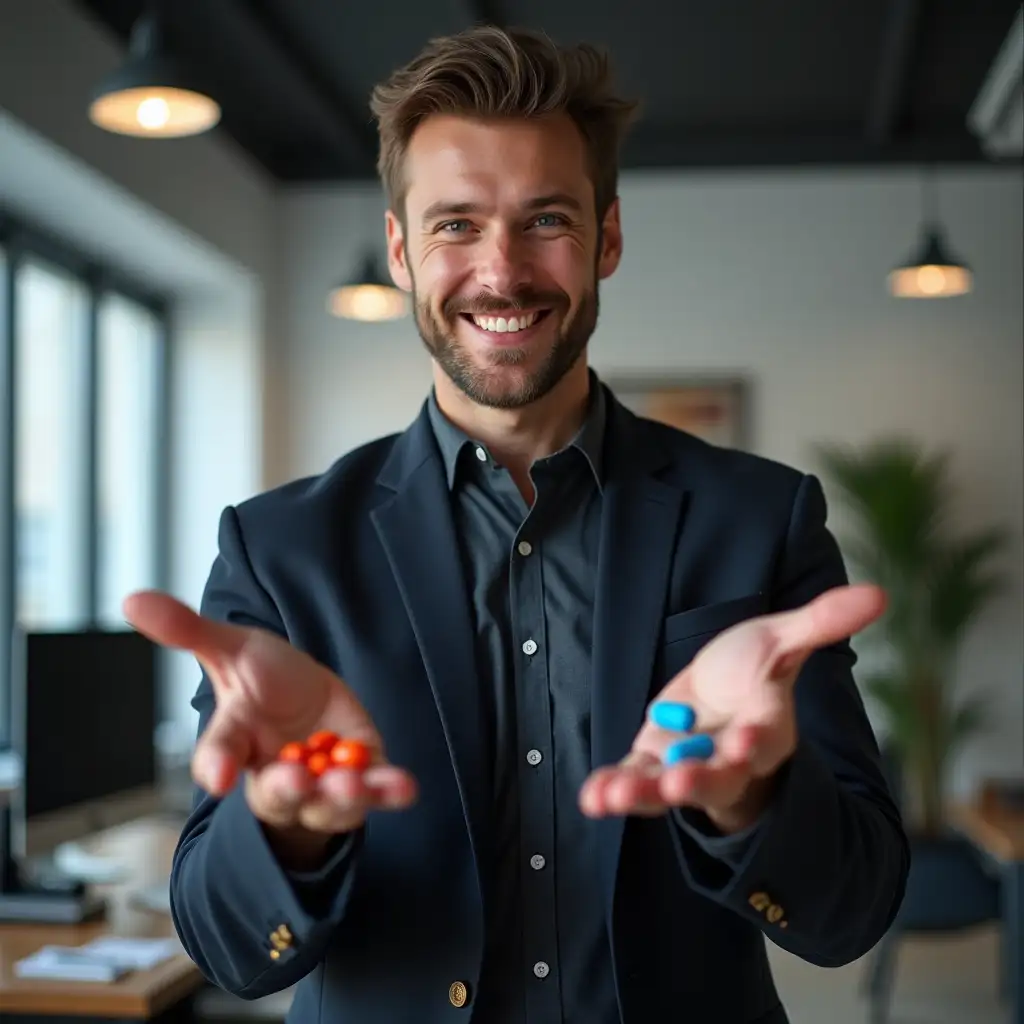 Create an image of a 27-year-old man honey skin toned wearing a business suit. He is standing in a studio production facility, nearly in full height, with beautiful office visible in the background. The young man is smiling to the camera while giving a presentation, and offering a pill in each hand, one blue pill on the right hand and one red pill on the left hand, the pill are big enough and coming off of his hands in the air, appearing determined and professional. The setting includes high quality video production equipment, beautiful office, and a clean, organized environment.