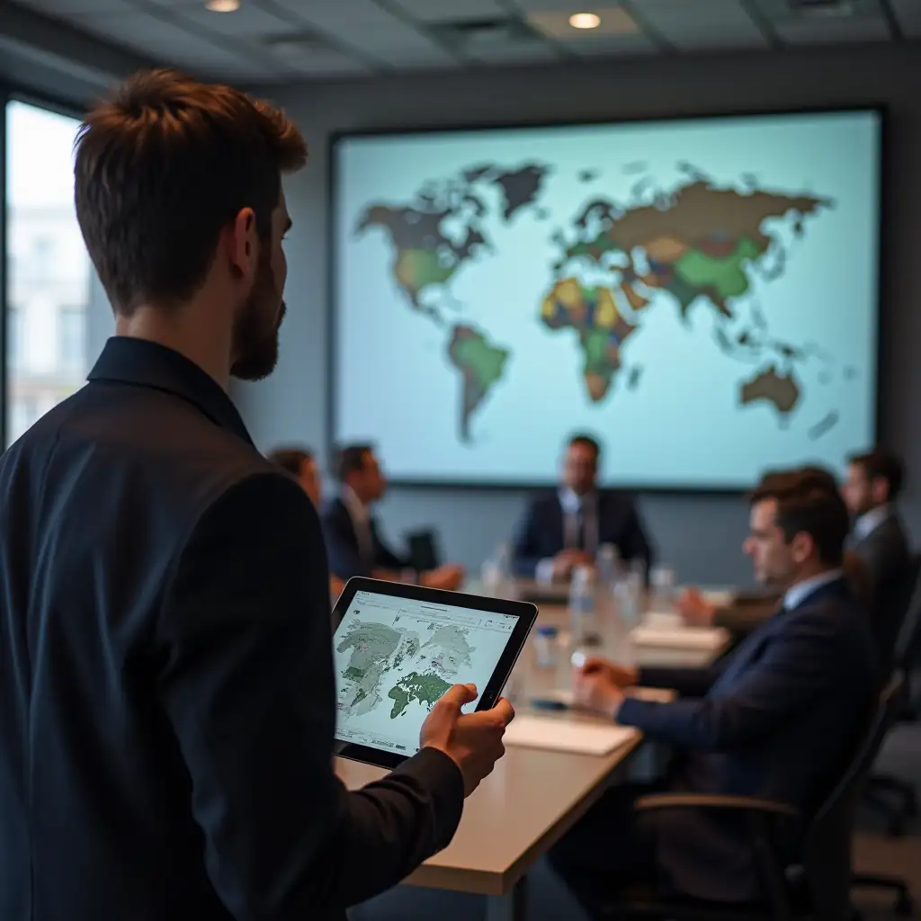 man with tablet in hand explaining about climate change inside a conference room