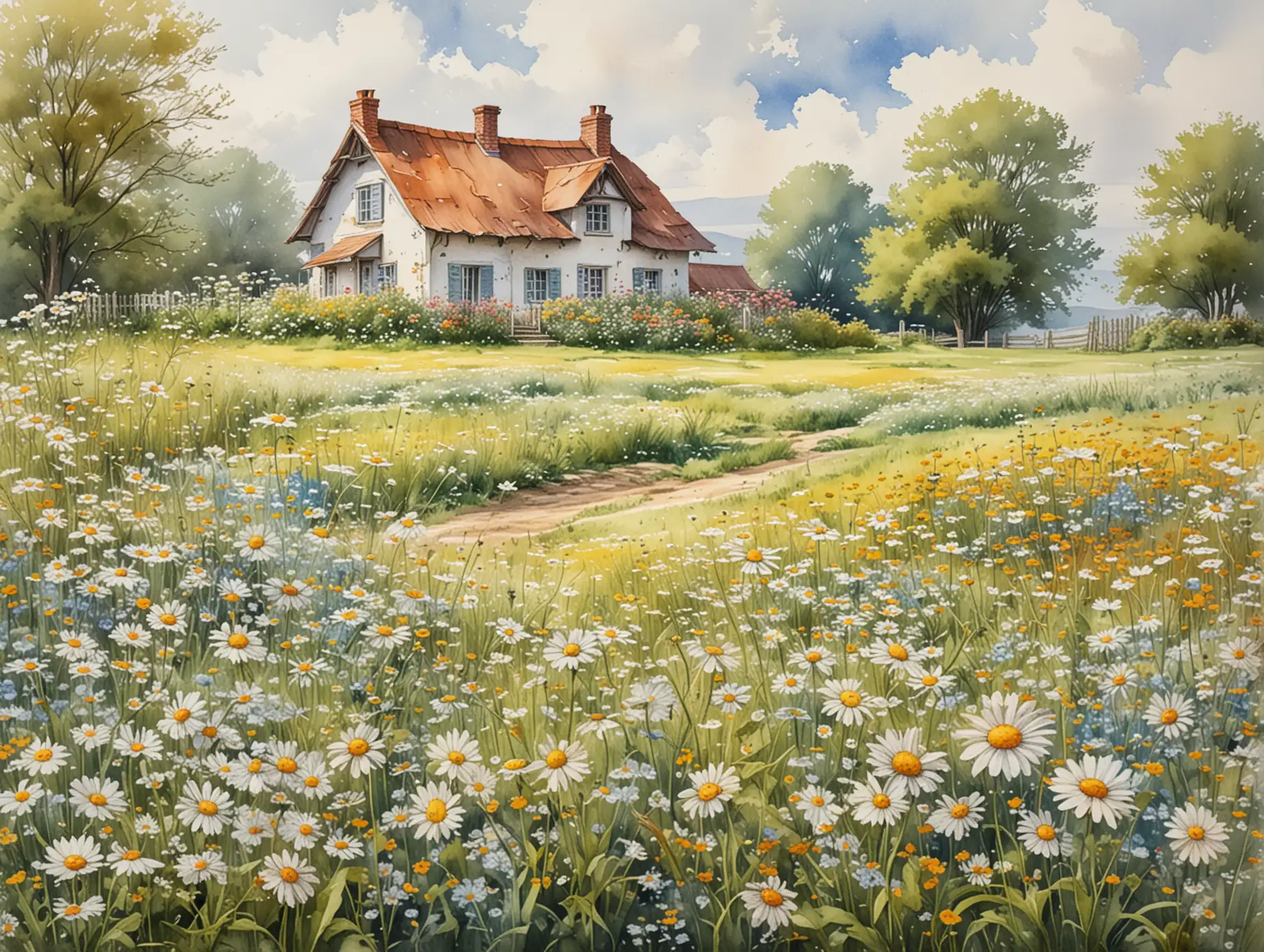 a field of spring flowers, daisies, a cottage in the distance, watercolor drawing, detailed sketching, high quality