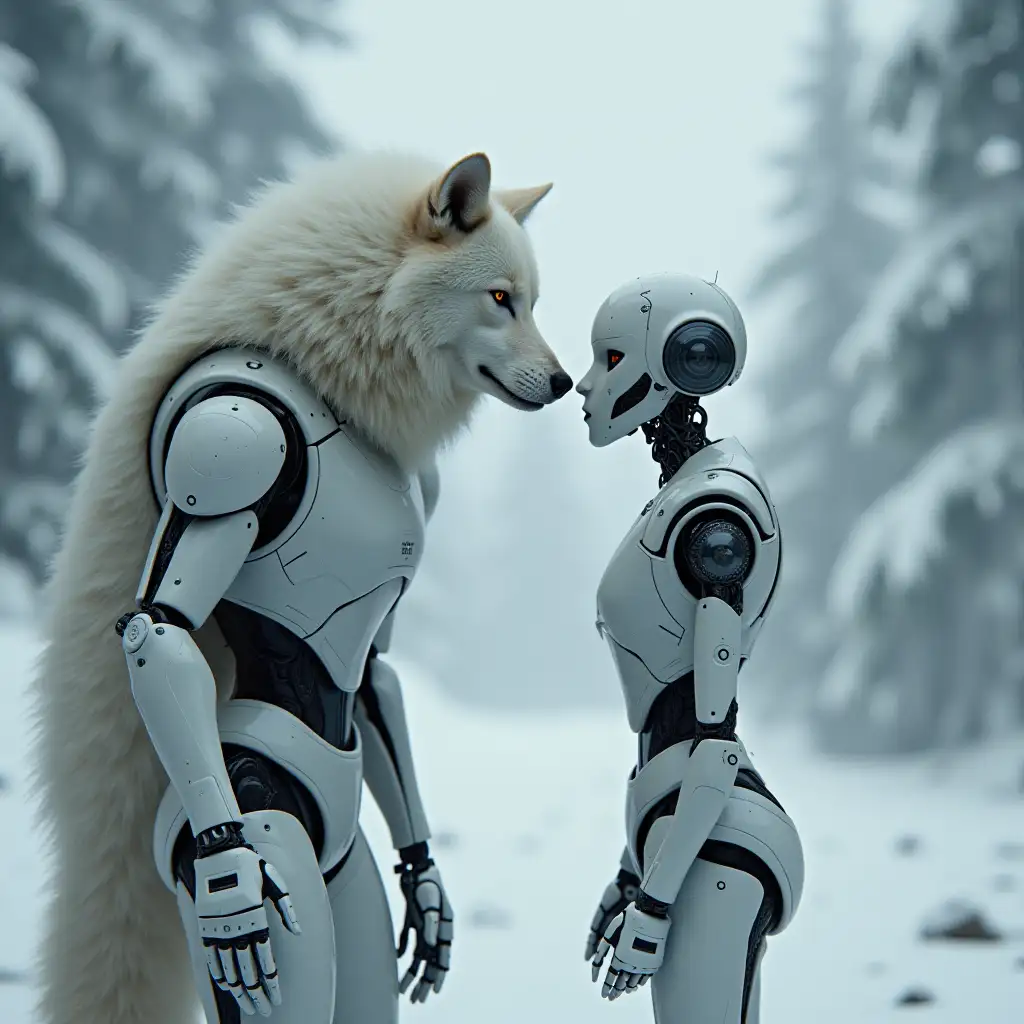 A white wolf against a robot.detailed 8k