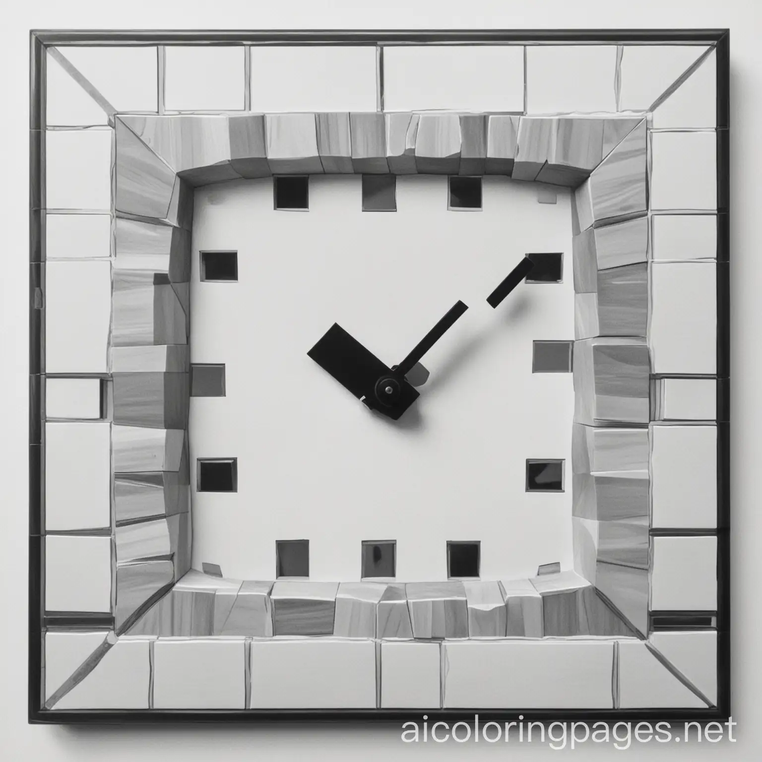 Minecraft clock face, Coloring Page, black and white, line art, white background, Simplicity, Ample White Space. The background of the coloring page is plain white to make it easy for young children to color within the lines. The outlines of all the subjects are easy to distinguish, making it simple for kids to color without too much difficulty