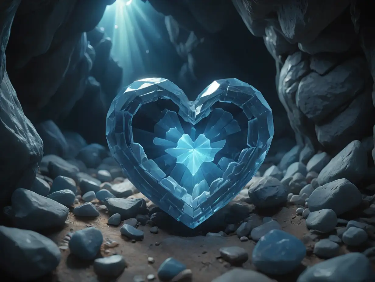 A wide-angle, distant image of a small blue heart-shaped crystal glowing in a mysterious cave, 3d disney inspire