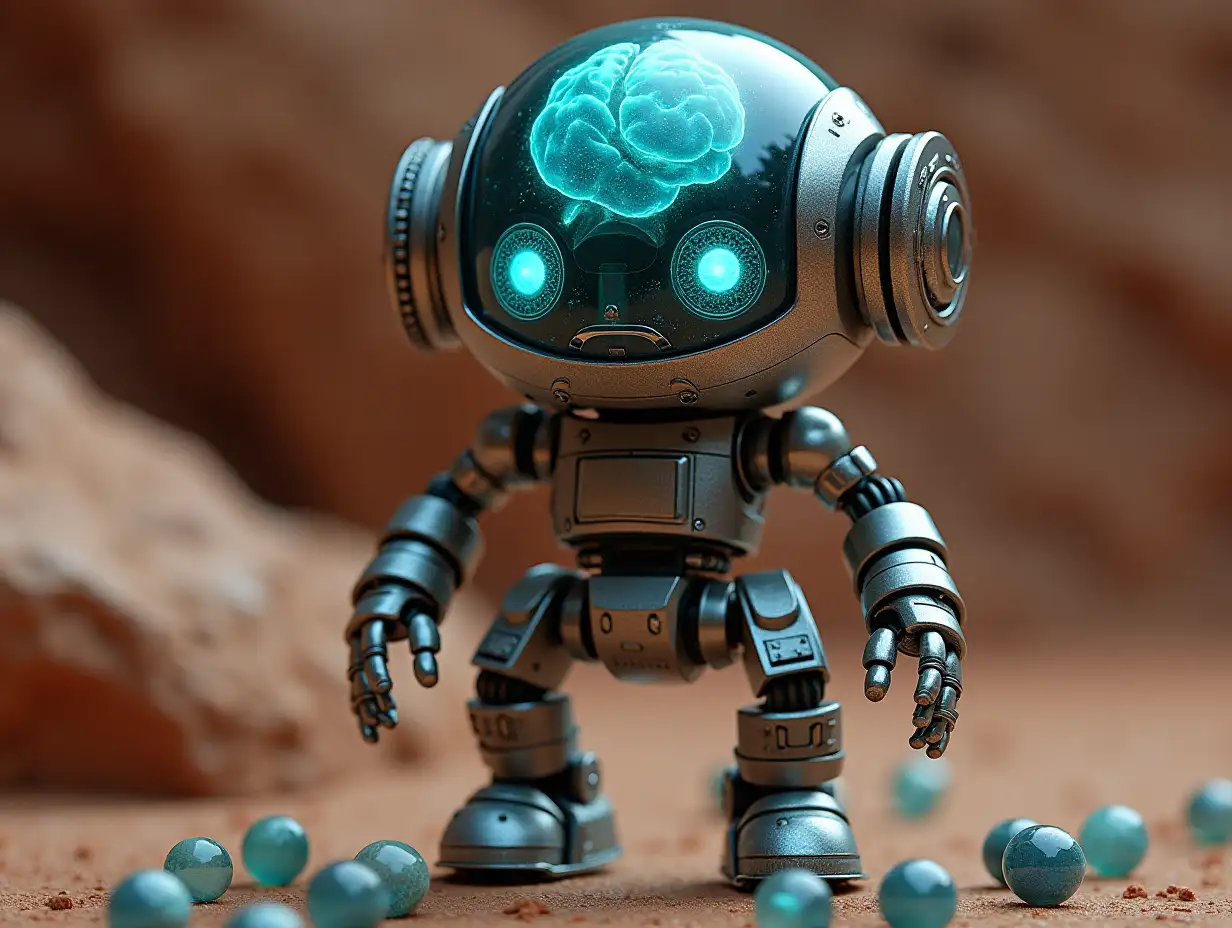 Erstellen Sie ein hochauflösendes, realistisches Bild von der künstlichen Intelligenz Robert, drei Meter groß, with eyes, arms and legs,  with gears on the cheeks and glass head with visible glowing Sapphire brain, screws  with many glass marbles on the floor, Mars 4k resolution with    