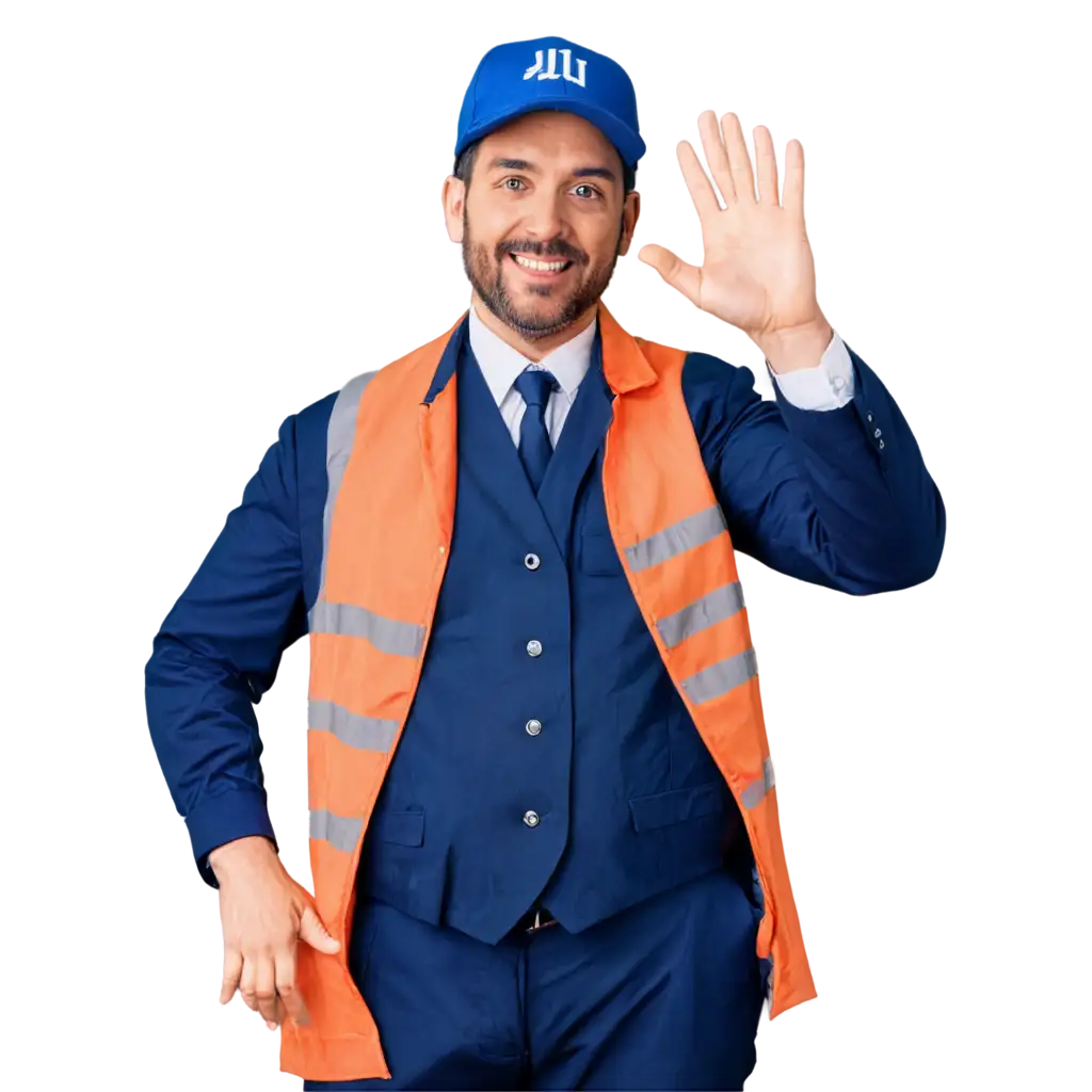 MALE TRAIN DRIVER WAVES HIS HAND, BLUE SUIT, WEAR TRAIN HAT AND UNIFORM