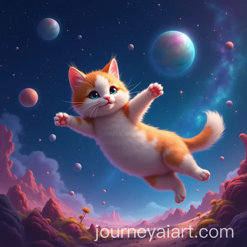 Cute-Cat-Floating-in-Space-with-Colorful-Stars-and-Alien-Planets