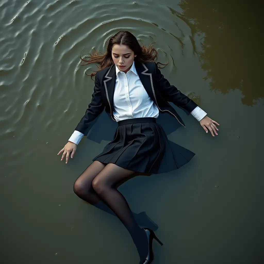 A schoolgirl in a school uniform, with a skirt, jacket, blouse, dark tights, high-heeled shoes. Swims in a dirty pond, completely wet clothes, no dry areas of clothing, under water, lies completely in the water, wet clothes stick to the body, immersed in water.