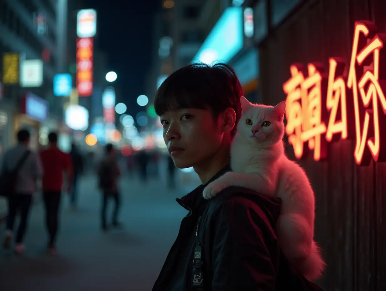 Nighttime sidewalk, Chinese youth, white cat on shoulder, LED sign background