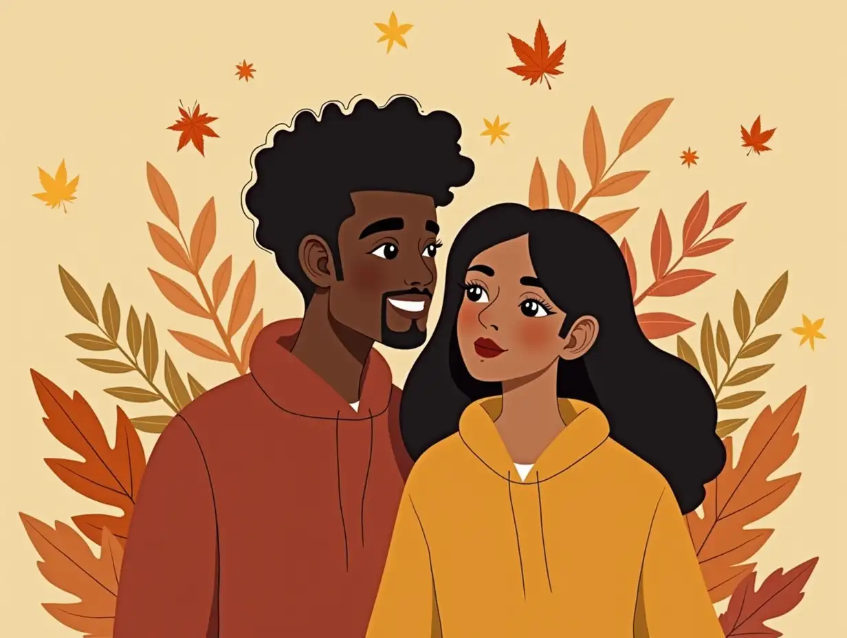 An illustrated area of a black man and woman cuddling wearing fall colors