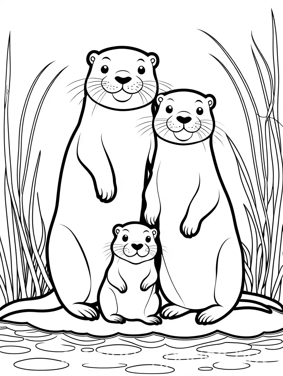 Mom Otter, Dad Otter hugging 1 baby Otter and they are all happy, Coloring Page, black and white, line art, white background, Simplicity, Ample White Space. The background of the coloring page is plain white to make it easy for young children to color within the lines. The outlines of all the subjects are easy to distinguish, making it simple for kids to color without too much difficulty