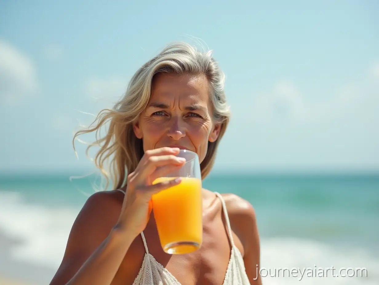WomanWoman-drinking-juice-shore-Over-40-Enjoying-Orange-Juice-by-the-Indian-Ocean-Shore