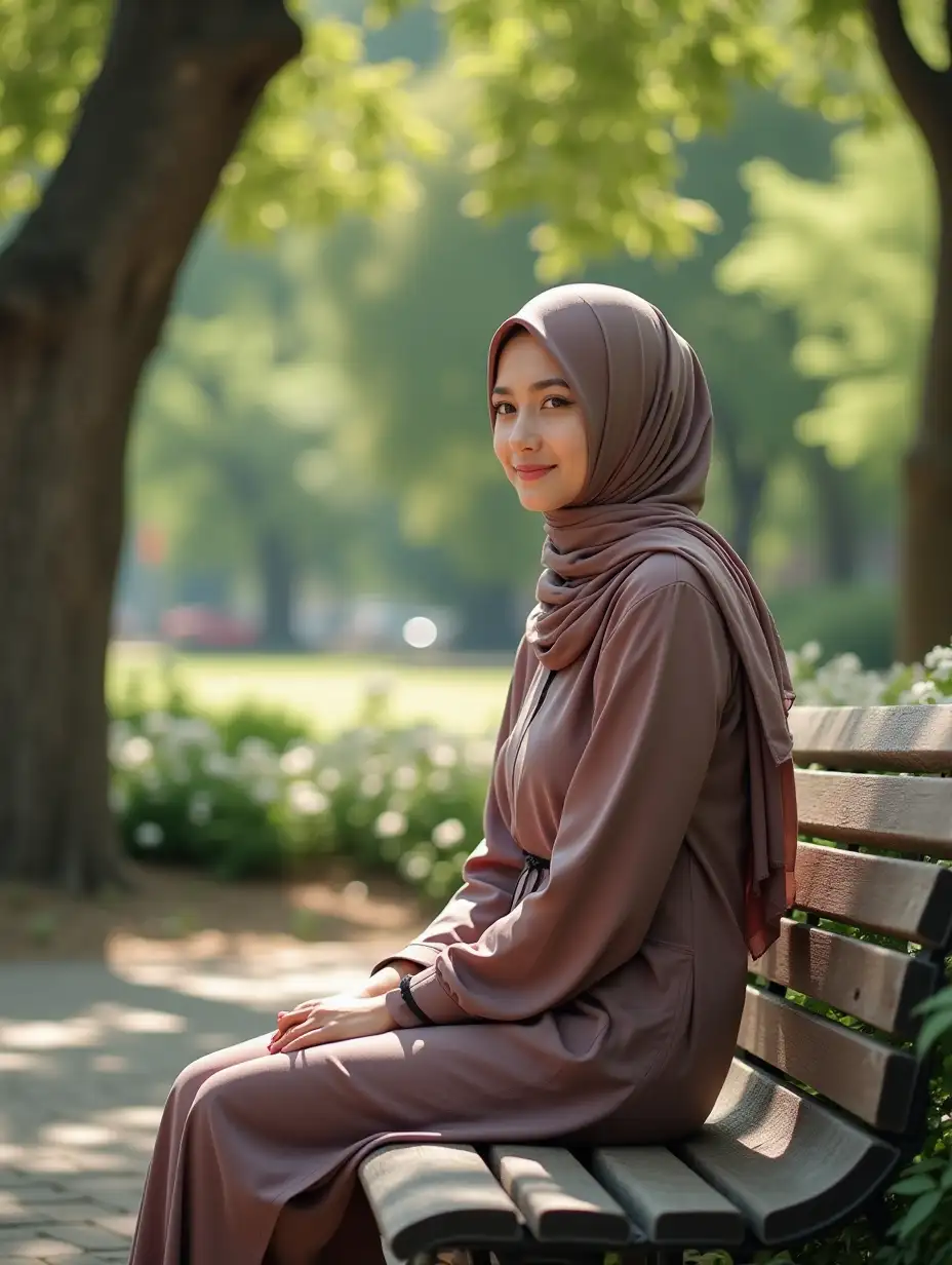 A young Muslim woman sitting on a wooden bench in a quiet park, dressed in a long hijab and modest clothing. Her hands rest gently in her lap, and she smiles calmly, exuding patience and quiet determination. The surrounding trees and flowers create a tranquil setting, with dappled sunlight streaming through the leaves, casting gentle patterns around her.