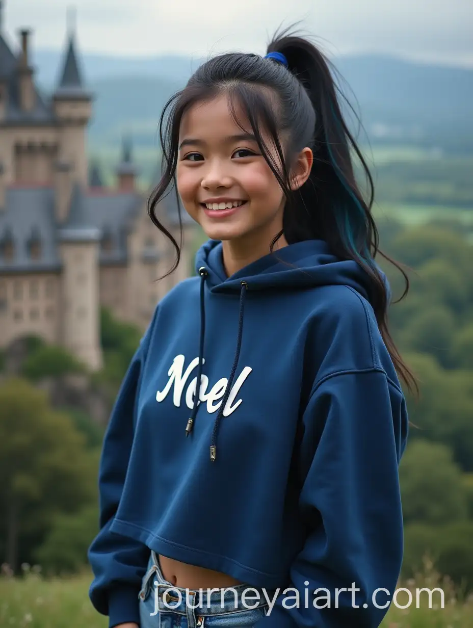 Happy-Indonesian-Woman-in-Cropped-Hoodie-at-a-Castle