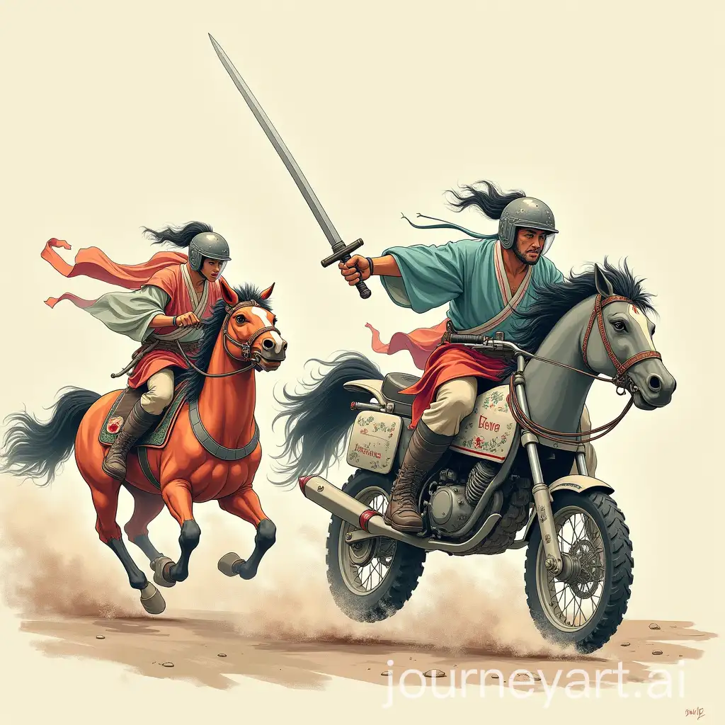 Dynamic-Swordplay-Characters-Engaged-in-Epic-Battles-on-Motorbikes-Dragons-and-Horses