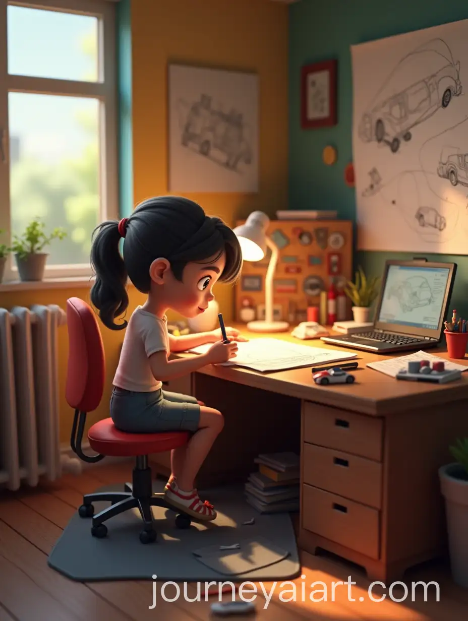 Young-Girl-Sketching-Car-Blueprints-in-Cozy-Room