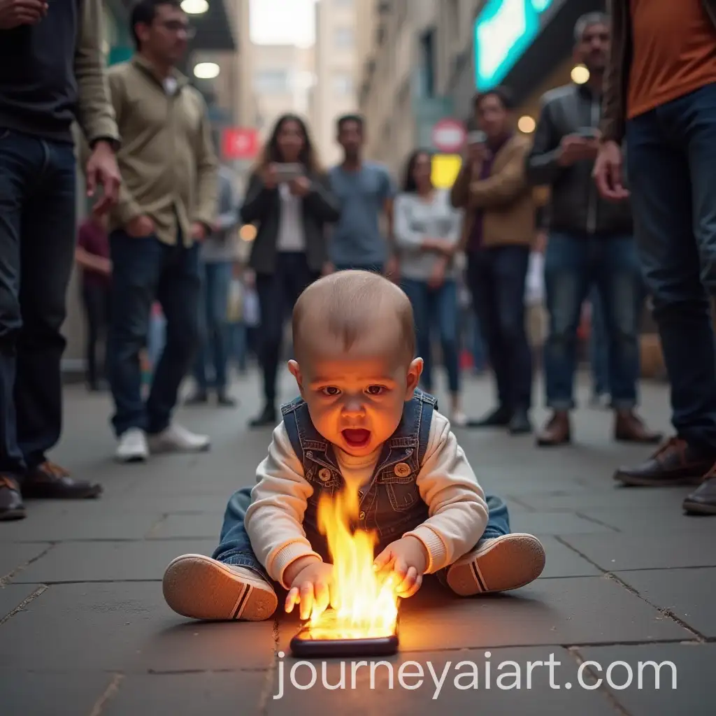 Baby-Smashing-iPhone-on-Busy-Urban-Street-Phone-Catching-Fire