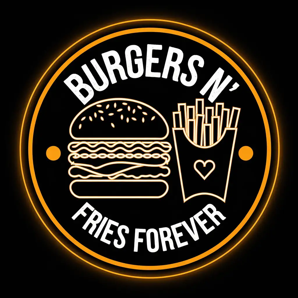 LOGO Design for BURGERS N Minimalist Burger Fries with Heart Symbol and Bold Orange Text