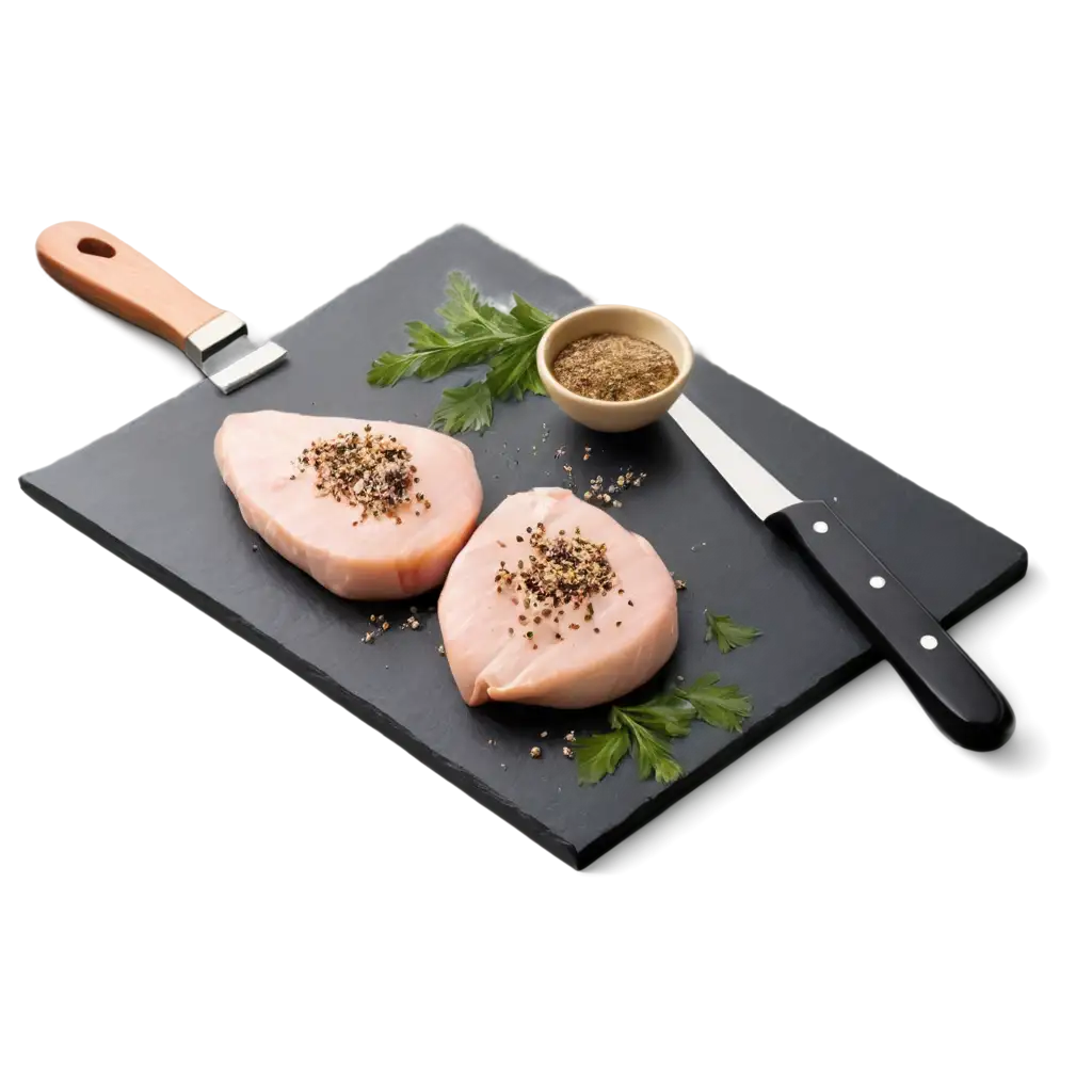 Two raw chicken breasts neatly placed on a slate stone surface, dusted with freshly ground black pepper, sea salt, and a drizzle of olive oil. There is a sharp chef’s knife next to the chicken and a small dish with chopped parsley and garlic. The background features a professional kitchen setting with sleek modern lighting.