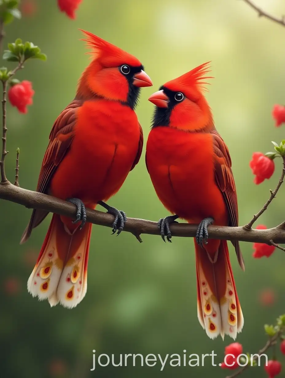 Two-Red-Birds-Perched-on-a-Branch-with-Intricate-Gold-and-Red-Feathers