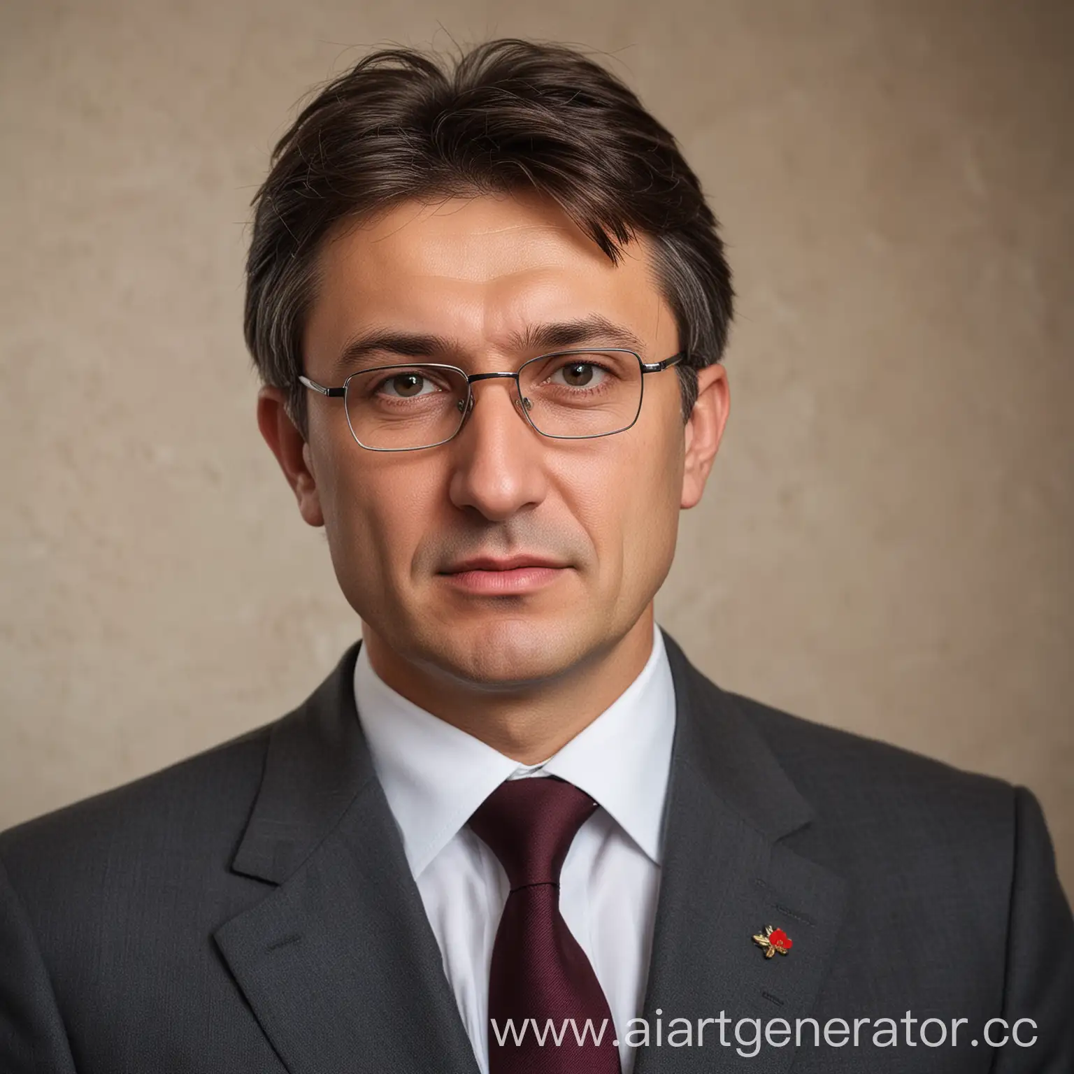 portrait of Gennady Rotanov, the new Minister of Agriculture of the Kola State:  Face: Middle-aged, with pronounced facial features. His face is oval in shape with well-defined cheekbones and a straight nose. A slight wrinkle on his forehead and eyes, giving him the appearance of an experienced and wise man.  Hair: Short-cropped, dark hair with gray parting, which emphasizes his experience and professionalism.  Eyes: Deep, attentive dark-colored eyes reflecting determination and care. The eyes are accentuated by slight wrinkles, which gives them an intelligent and thoughtful look.  Clothes: He dresses in a strict business suit of dark blue color, which looks elegant and respectable. He is wearing a light shirt and a thin tie. On the lapel of the jacket there is a small sign or emblem symbolizing the Ministry of Agriculture.  Accessories: He wears neat glasses with thin frames that emphasize his intellectual appearance. You can also notice a neat jacket and cufflinks on the shirt.  Background: Behind Gennady Rotanov's back, an office background or a work environment can be depicted, symbolizing his active professional activity. For example, elements related to agriculture can be seen in the background — maps, graphs, icons of agriculture.  Facial expression: His expression is serious but friendly, with a slight smile reflecting his willingness to cooperate and determination in completing new tasks.