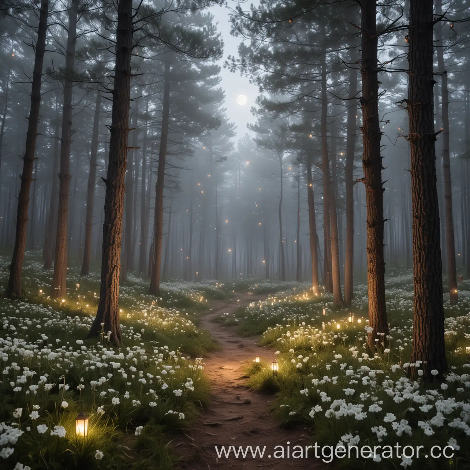 Moonlit-Pine-Forest-Clearing-with-Fog-and-Glowing-Lanterns