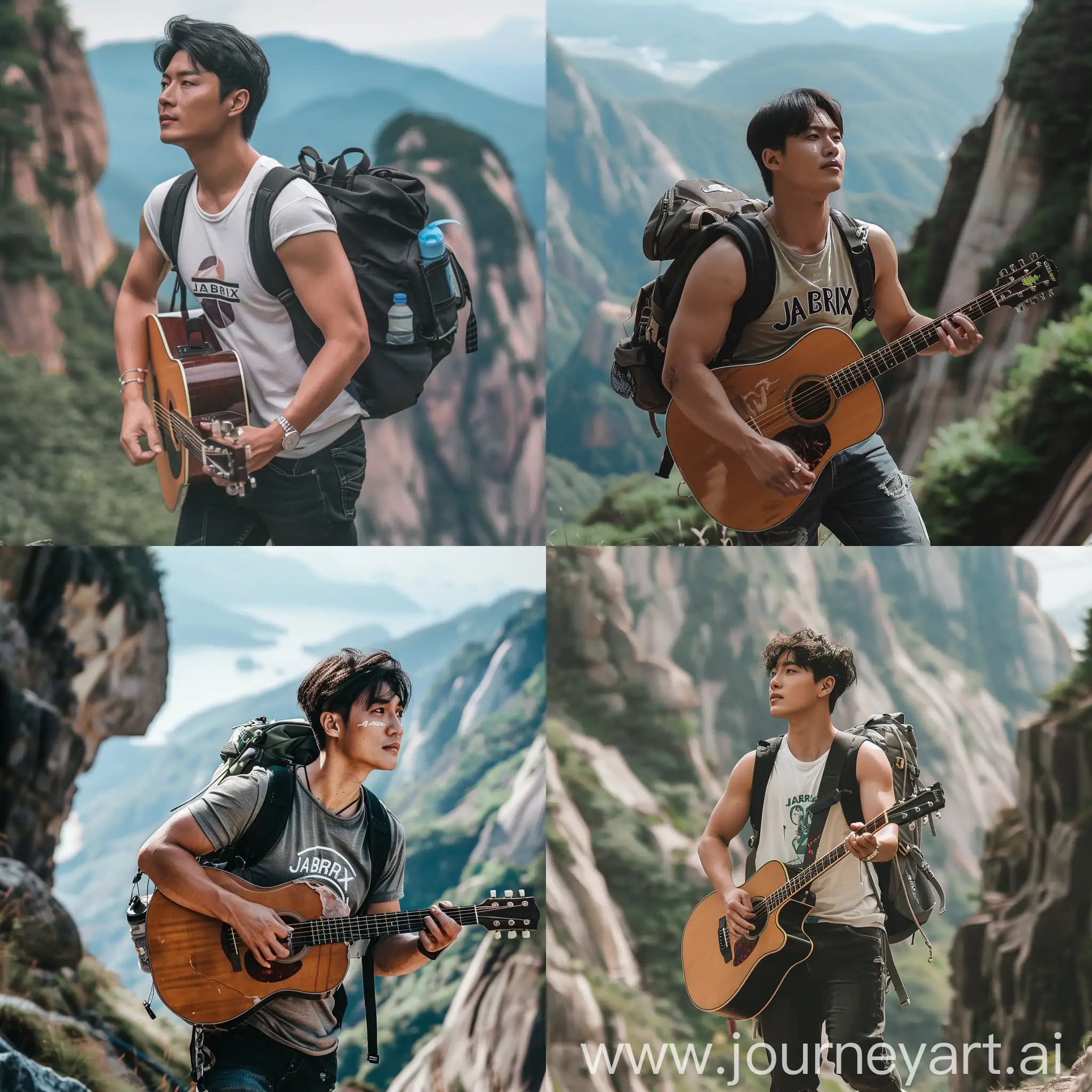 Handsome-Korean-Man-with-Acoustic-Guitar-on-Mountain-Ridge