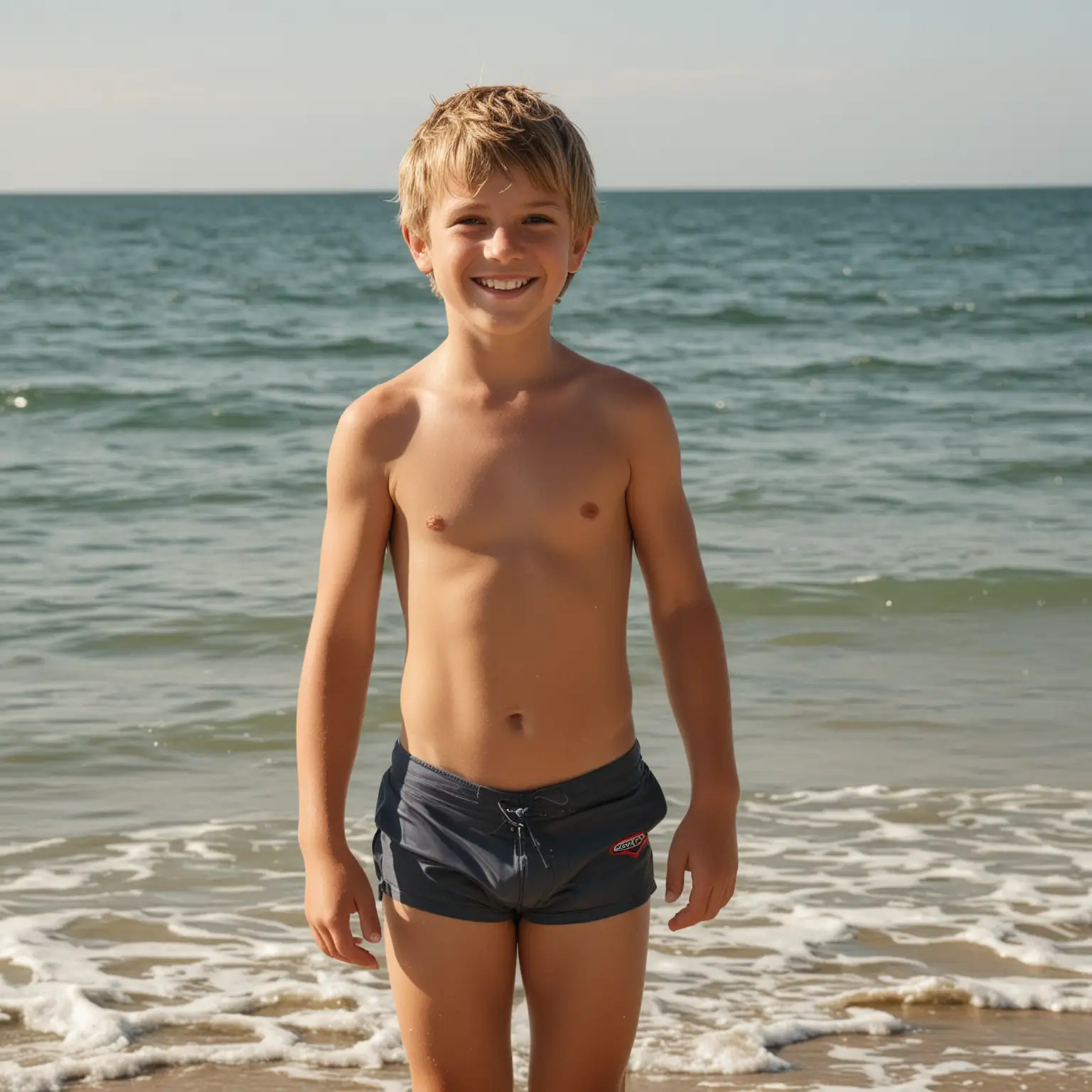 tween boy, dark blonde hair, speedo, smiling, sun, beach,feet,standing,ocean