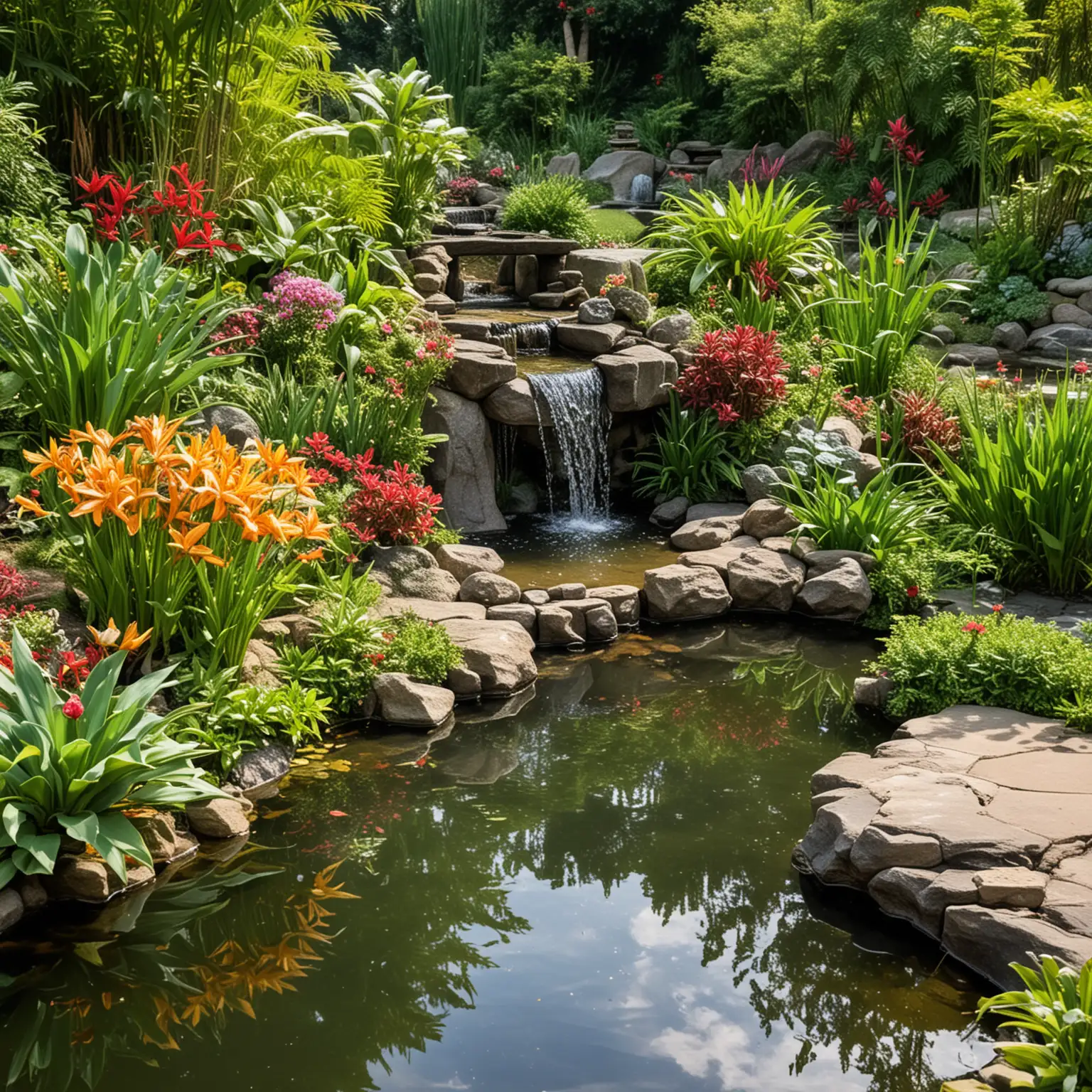 An exotic garden with a pond and miniature waterfall, beautiful flowers and greenery around the pond, it is a sunny day