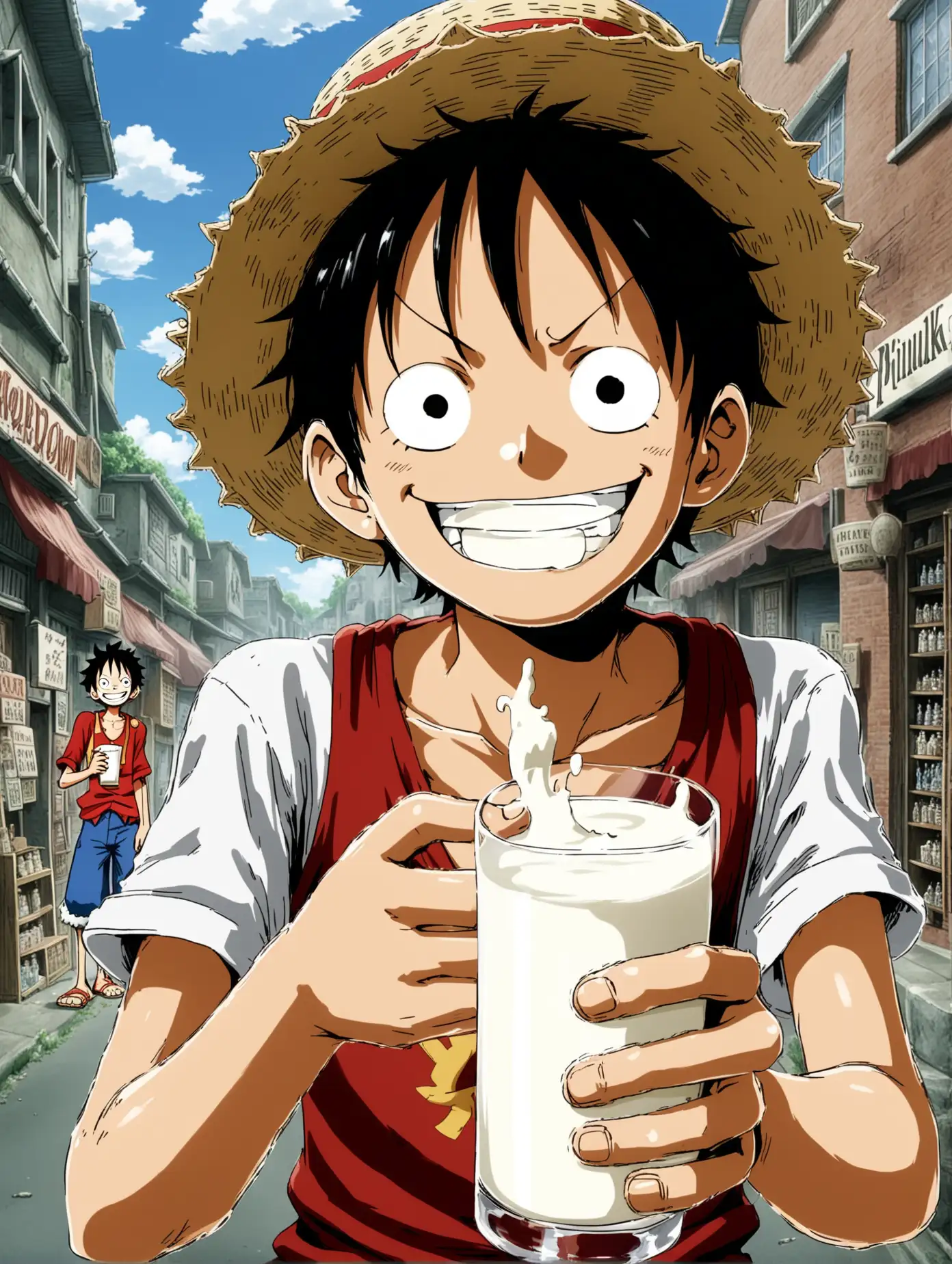 Luffy, a photograph of Luffy smiling at the camera, his teeth studded with shiny platinum diamonds as he holds a glass of milk, the background is a sword shop in a poor neighborhood