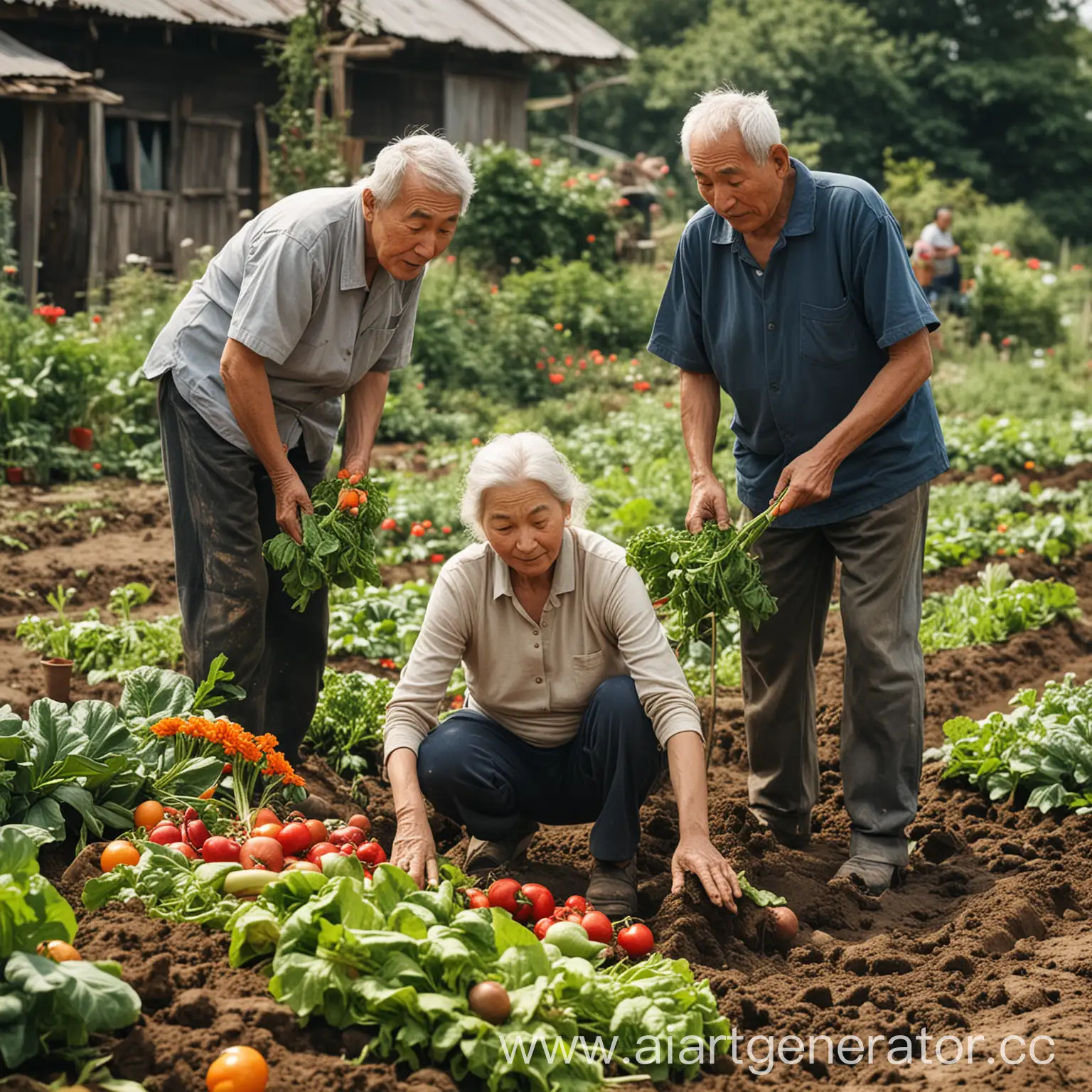 elderly parents who are still working hard digging in a farm full of vegetables, fruit and flowers