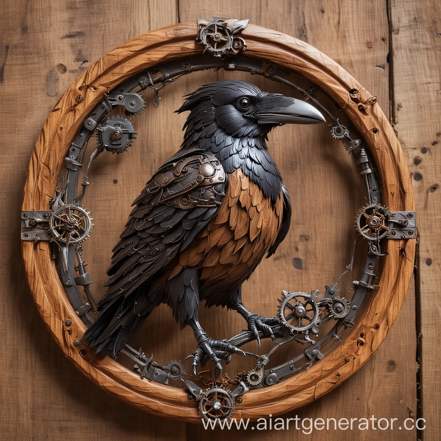 Steampunk-Raven-Sculpture-Crafted-from-Wood-and-Metal