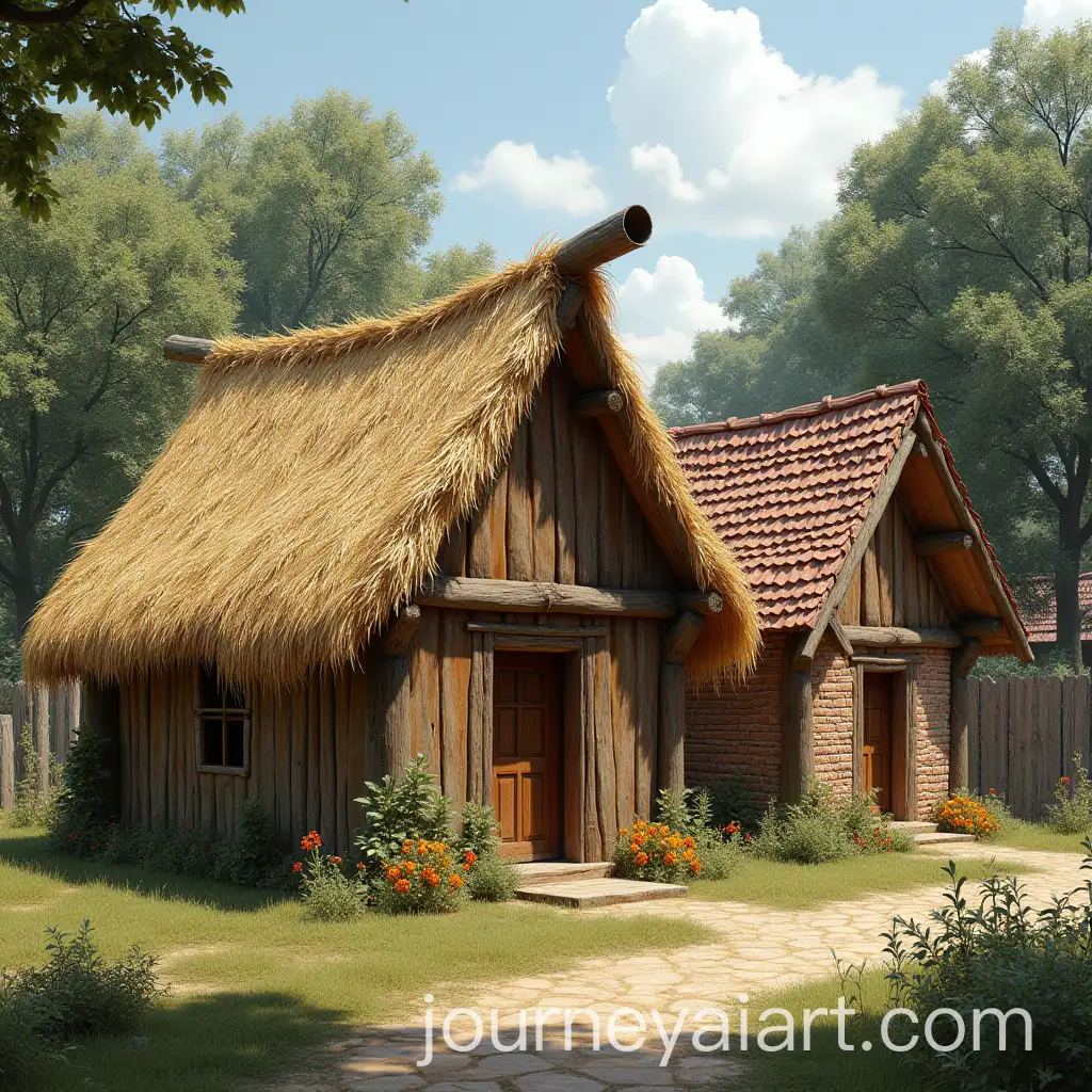 Three-Distinct-Cabins-Straw-Wood-andAI-Image-Prompt-Expansion-Brick-Surrounded-by-Trees