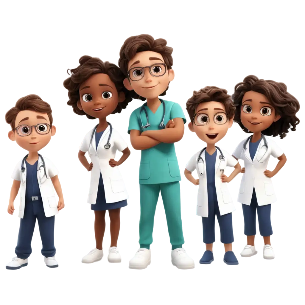 Cartoon-Group-of-Kids-Dressed-as-Healthcare-Professionals-Posing-as-a-Family-PNG-Image