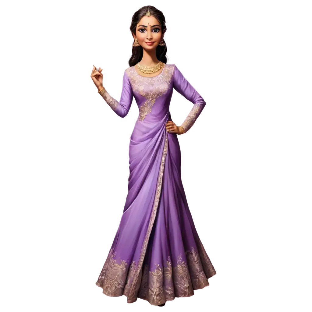 PNG-Caricature-of-a-Hindu-Bride-in-Modern-Attire-A-Lavish-Lavender-Dress-with-Full-Sleeves