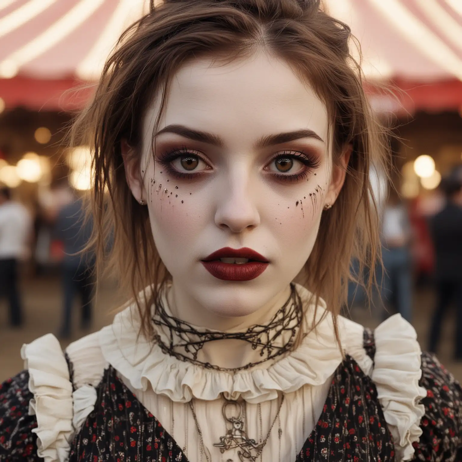 Mysterious-Girl-in-Vintage-Circus-Outfit-Eating-Caramel-Apple-at-Old-Fair