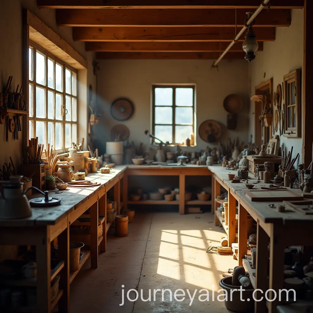 Artisan-Workshop-with-Wooden-Benches-and-Hand-Tools-in-Warm-Sunlight
