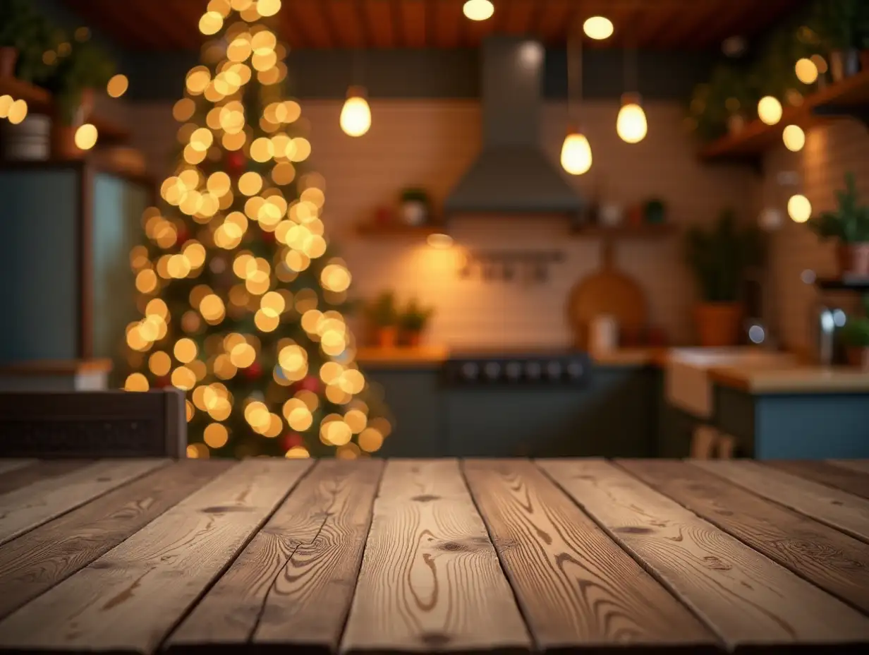 Festive kitchen background with wooden table in foreground, Christmas tree and twinkling lights creating warm, cozy atmosphere for holiday cooking and gatherings.