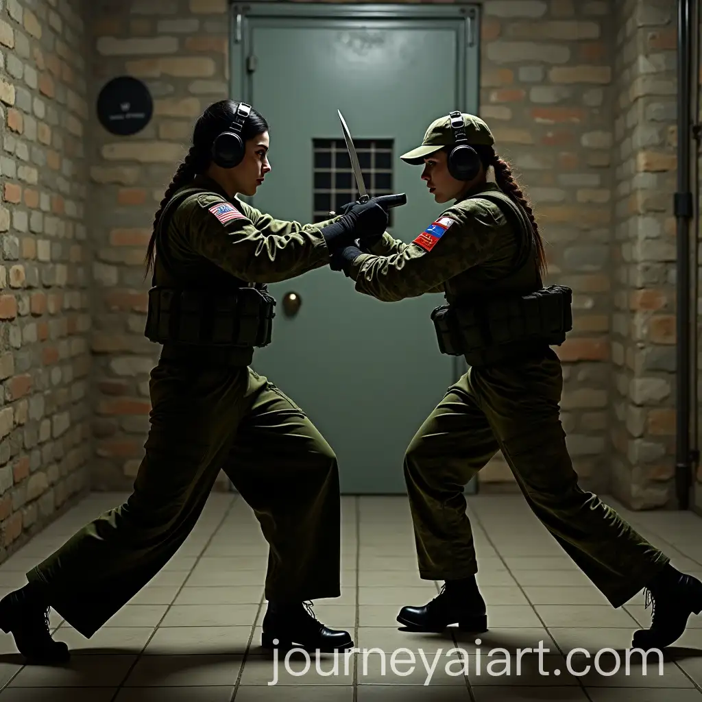 Female-Special-Forces-Soldiers-in-Combat-Stance-in-Underground-Bunker