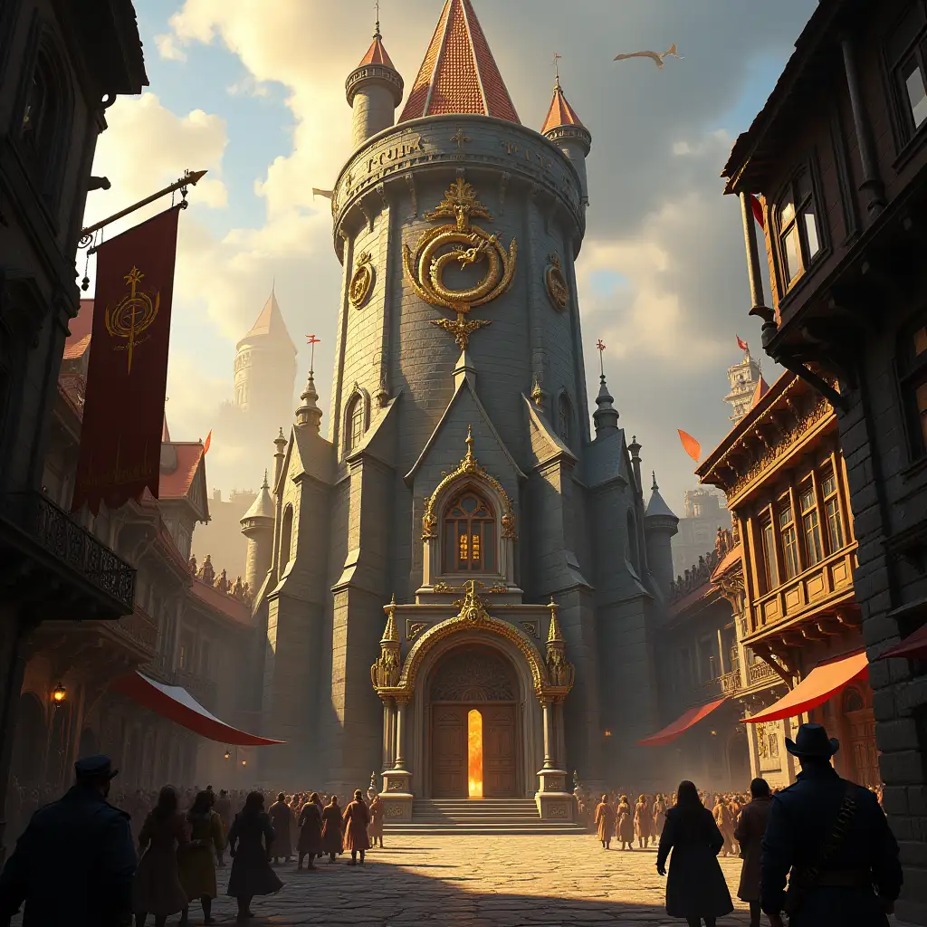 Medieval-Fantasy-Tower-of-the-Dragon-Guild-in-a-Bustling-City