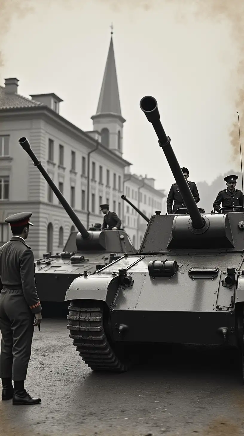 Soviet Military Presence in Crimea with Vintage Tanks and Soldiers