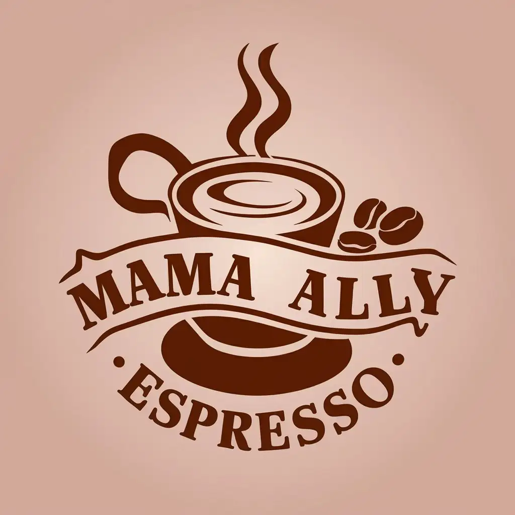 LOGO Design for Mama Ally Espresso Vector Coffee Cup with Steaming Beans Theme