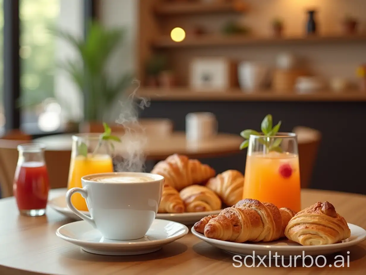 Design an enticing image for a breakfast offer. Feature a steaming cup of coffee ('Café au choix'), an assortment of fresh pastries ('Viennoiserie') such as croissants and danishes, a 0.5L bottle of water ('Eau 0.5L'), and a glass of colorful fruit juice ('Jus de fruit'). Arrange the items elegantly on a table, with a clean, modern café background and warm, inviting lighting.