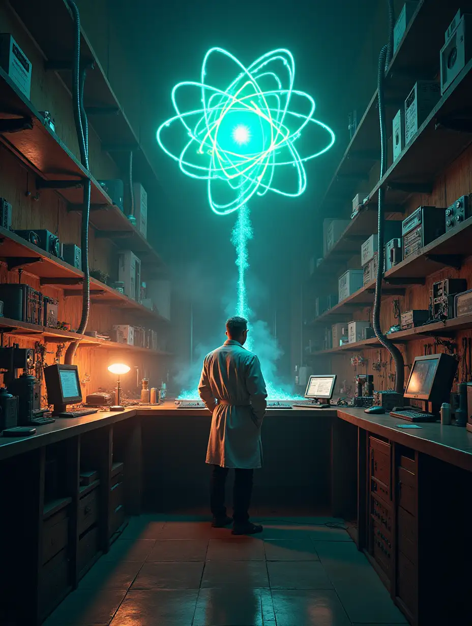 Mad scientist in his SPLUNK laboratory, surrounded by 'platform', 'security' and 'observability' many objects atom bomb