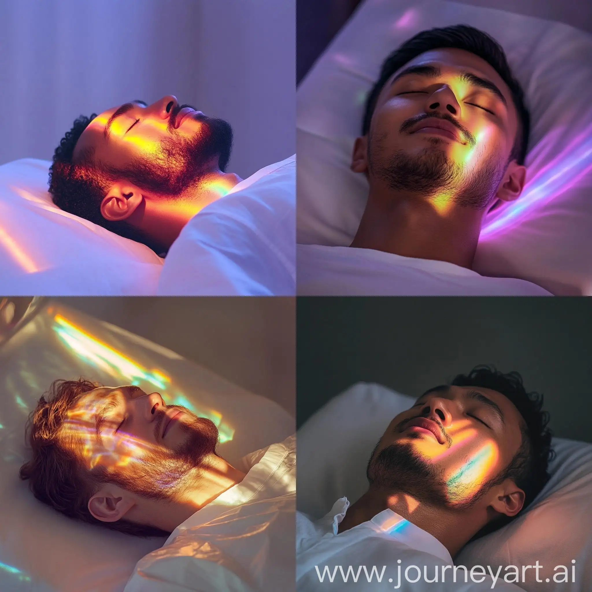 Man-Experiencing-Serenity-on-Lab-Bed-with-Rainbow-Light