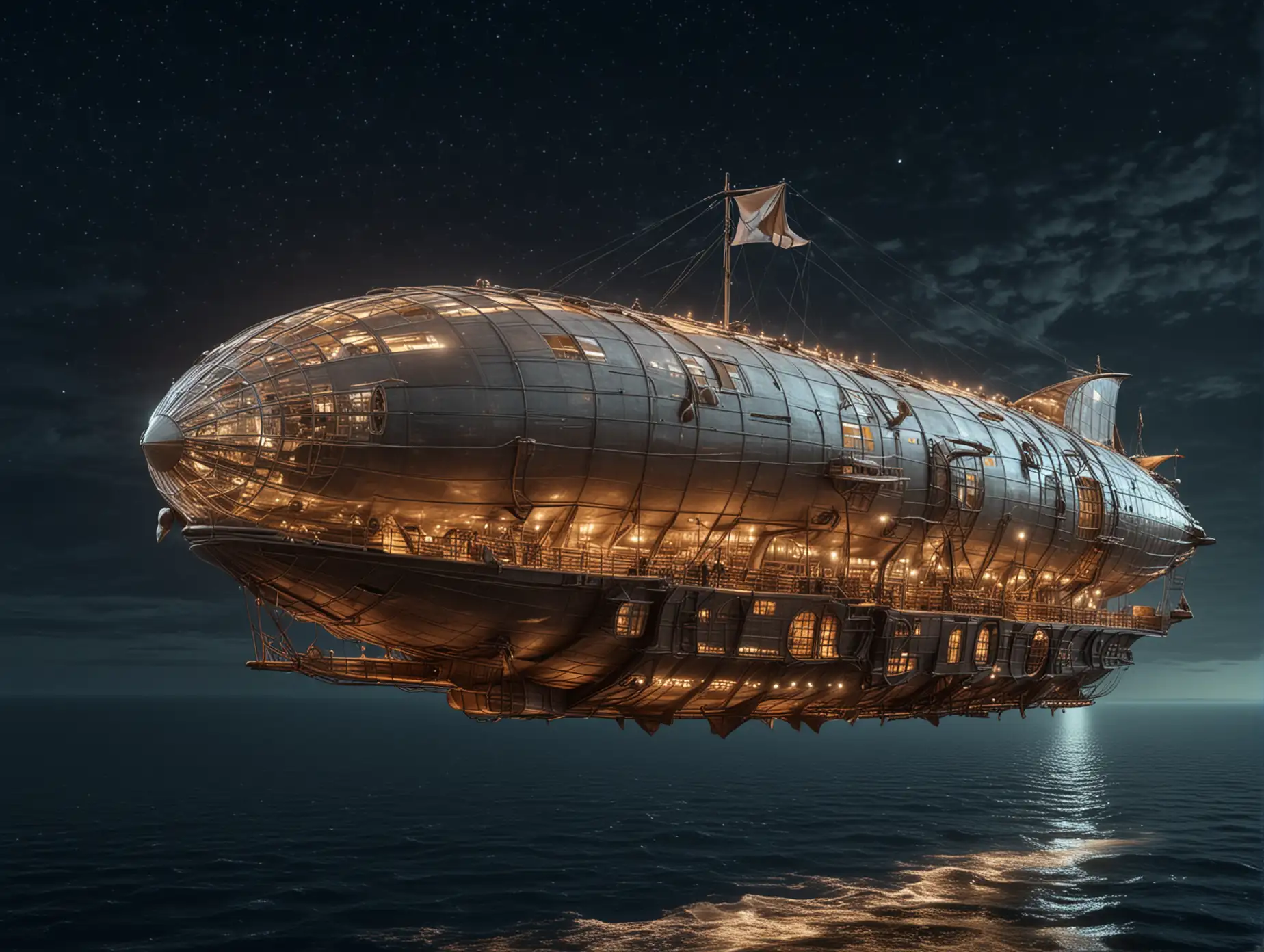 Night-Flight-of-FairyTale-Airship-with-Open-Upper-Deck-over-Sea