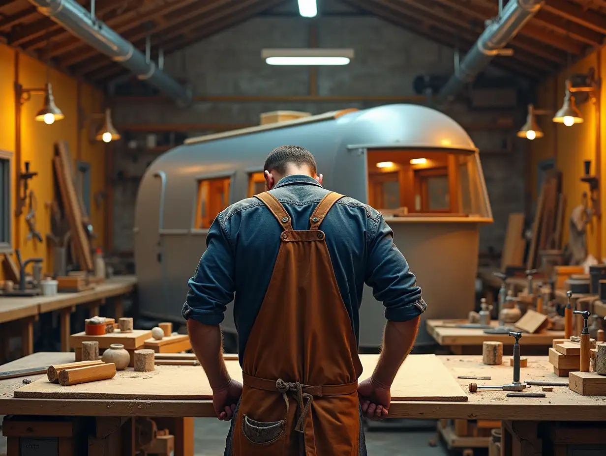 The scene represents a vibrant carpentry workshop, saturated with bright colors. The walls are adorned with various tools - saws, drills, chisels and hammers of all shapes and sizes, their metal surfaces gleam in the light of the workshop lamps. The space is framed by workbenches and woodworking machines, littered with various wooden boards, unfinished projects and detailed drawings. At the center, behind the workbench, stands a carpenter, immersed in his craft. His broad shoulders and muscular arms are partially hidden under a layer of fine wood dust. The sleeves of his dark blue shirt, carpenter color of indigo twilight, are rolled up, revealing forearms marked by years of strenuous work. Every thread is carefully drawn, emphasizing the worn, rough texture of the fabric. His brown leather apron, marked with spots and stains from countless hours of meticulous work, testifies to his profession. In the center of the workshop, partially visible in the background, stands an unfinished modern travel trailer - a result of loving labor, as evidenced by its intricate wooden frame and partially completed metal cladding.