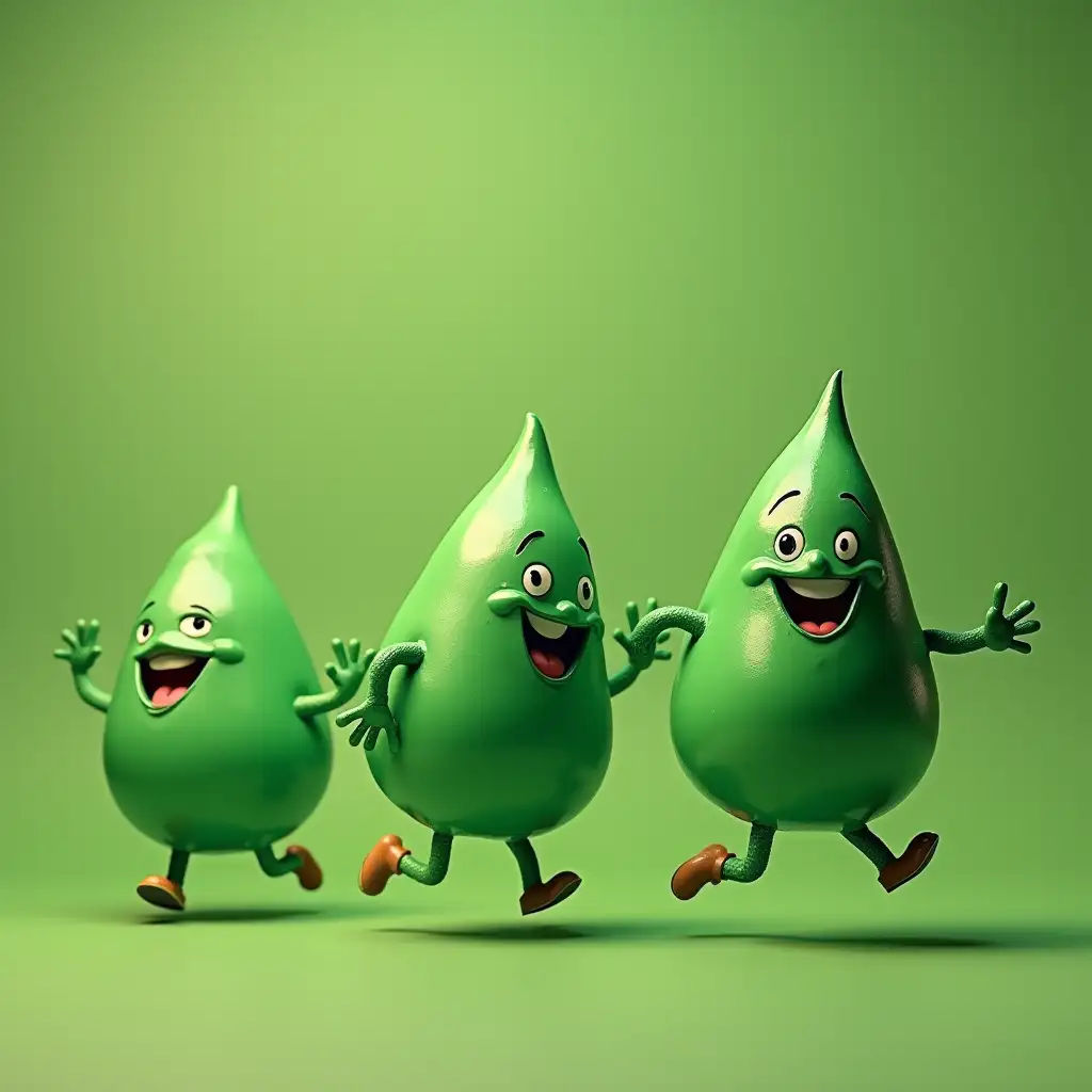 Green drops with smiling faces as they run